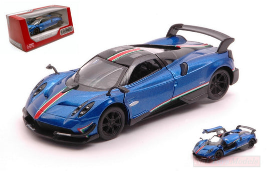 SCALE MODEL COMPATIBLE WITH PAGANI HUAYRA BC WITH PRINTING &amp; WING BLUE 12 cm BOX KINSMART KT5400WFB