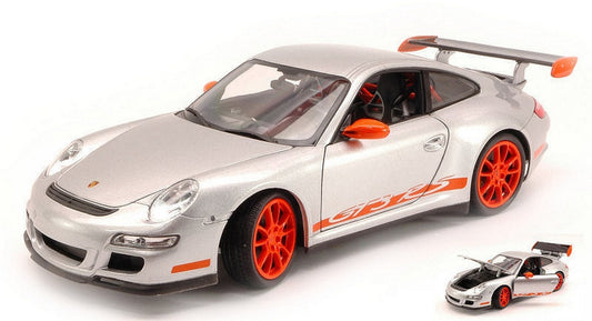 MODELLINO IN SCALA COMPATIBILE CON PORSCHE 911 GT3 RS 2007 GREY WITH ORANGE STRIPS 1:18 WELLY WE8015S
