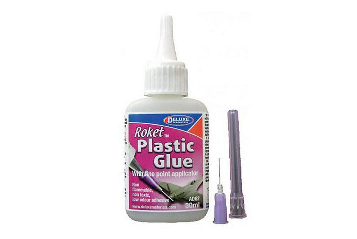 COLORI MODELLISMO ROKET PLASTIC GLUE C/AGO PLASTICA POLIESTER ABS 8-10 SEC. 30 ml DE LUXE MATERIALS DL-AD62