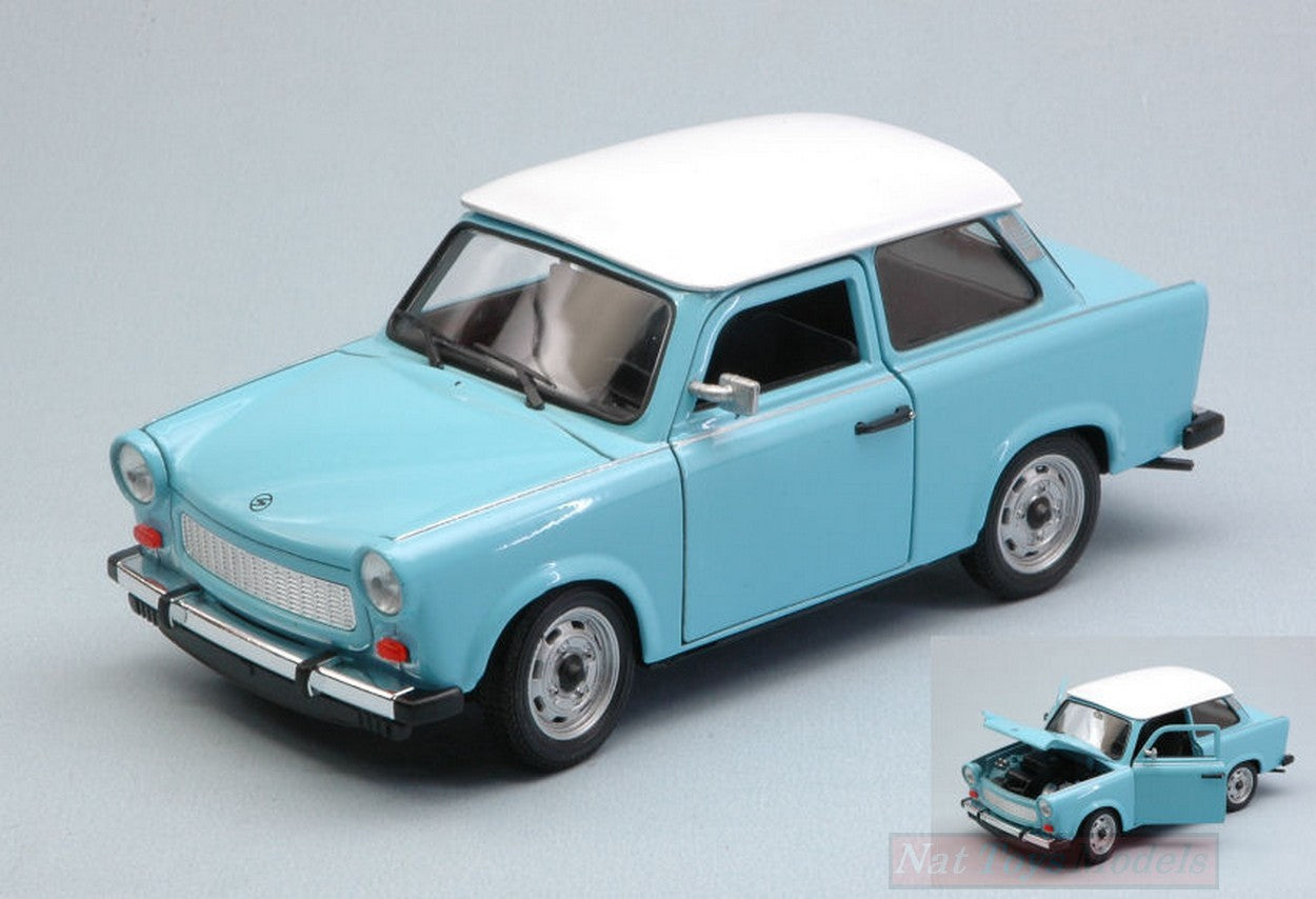 SCALE MODEL COMPATIBLE WITH TRABANT 601 1964-1990 LIGHT BLUE W/WHITE ROOF 1:24 WELLY WE24037SBL