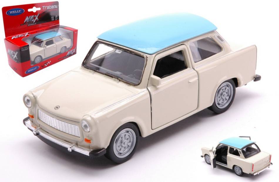 SCALE MODEL COMPATIBLE WITH TRABANT 601 CREAM W/LIGHT BLUE ROOF 11 cm WELLY WE43654SCR