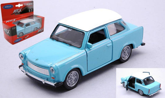 SCALE MODEL COMPATIBLE WITH TRABANT 601 LIGHT BLUE W/WHITE ROOF 11 cm WELLY WE43654SB