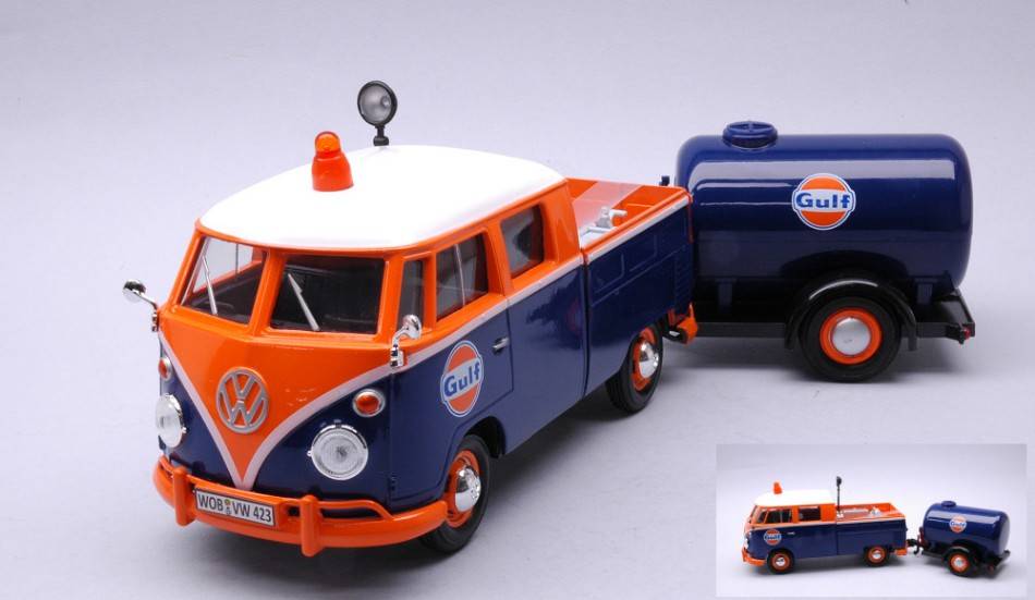 MODELLINO IN SCALA COMPATIBILE CON VOLKSWAGEN SERVICE PICK-UP WITH OIL TANK "GULF" BLUE/ORANGE 1:24 MOTORMAX MTM79610