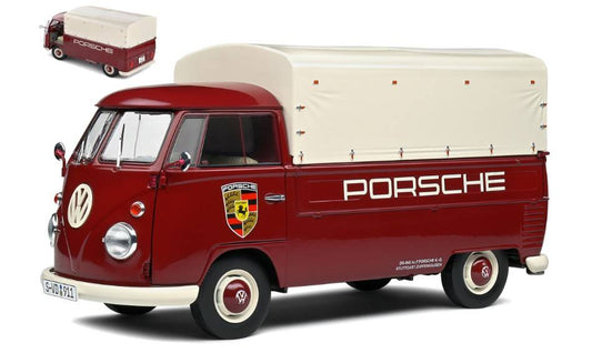 MODELLINO IN SCALA COMPATIBILE CON VOLKSWAGEN T1 PICK UP PORSCHE SERVICE 1950 RED 1:18 SOLIDO SL1806707