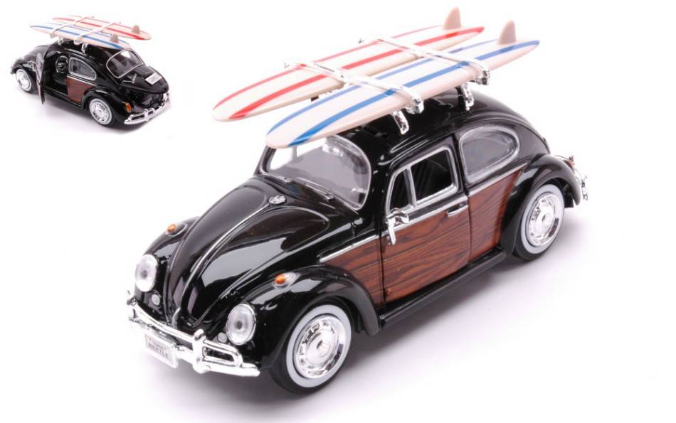 SCALE MODEL COMPATIBLE WITH VW BEETLE W/SURFBOARD 1968 BLACK/BROWN 1:24 MOTORMAX MTM79591