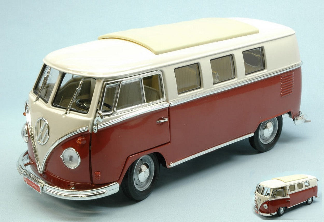 MODELLINO IN SCALA COMPATIBILE CON VW MICROBUS 1962 BURGUNDY W/WHITE ROOF 1:18 LUCKY YM92328BG