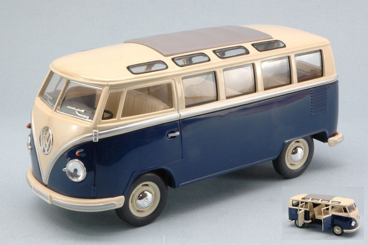 MODELE REDUIT COMPATIBLE AVEC VW SAMBA BUS 1962 BLEU/CRÈME TOIT 1:24 KINSMART KT7005WB
