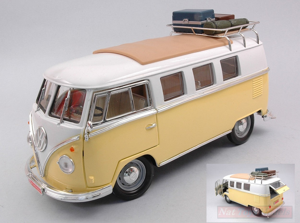 MODELLINO IN SCALA COMPATIBILE CON VW T1 BUS 1962 CAMPING VERSION YELLOW/WHITE 1:18 LUCKY DIE CAST LDC92328AY