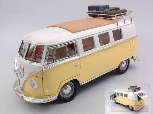 MODELLINO IN SCALA COMPATIBILE CON VW T1 BUS 1962 CAMPING VERSION YELLOW/WHITE 1:18 LUCKY DIE CAST LDC92328AY