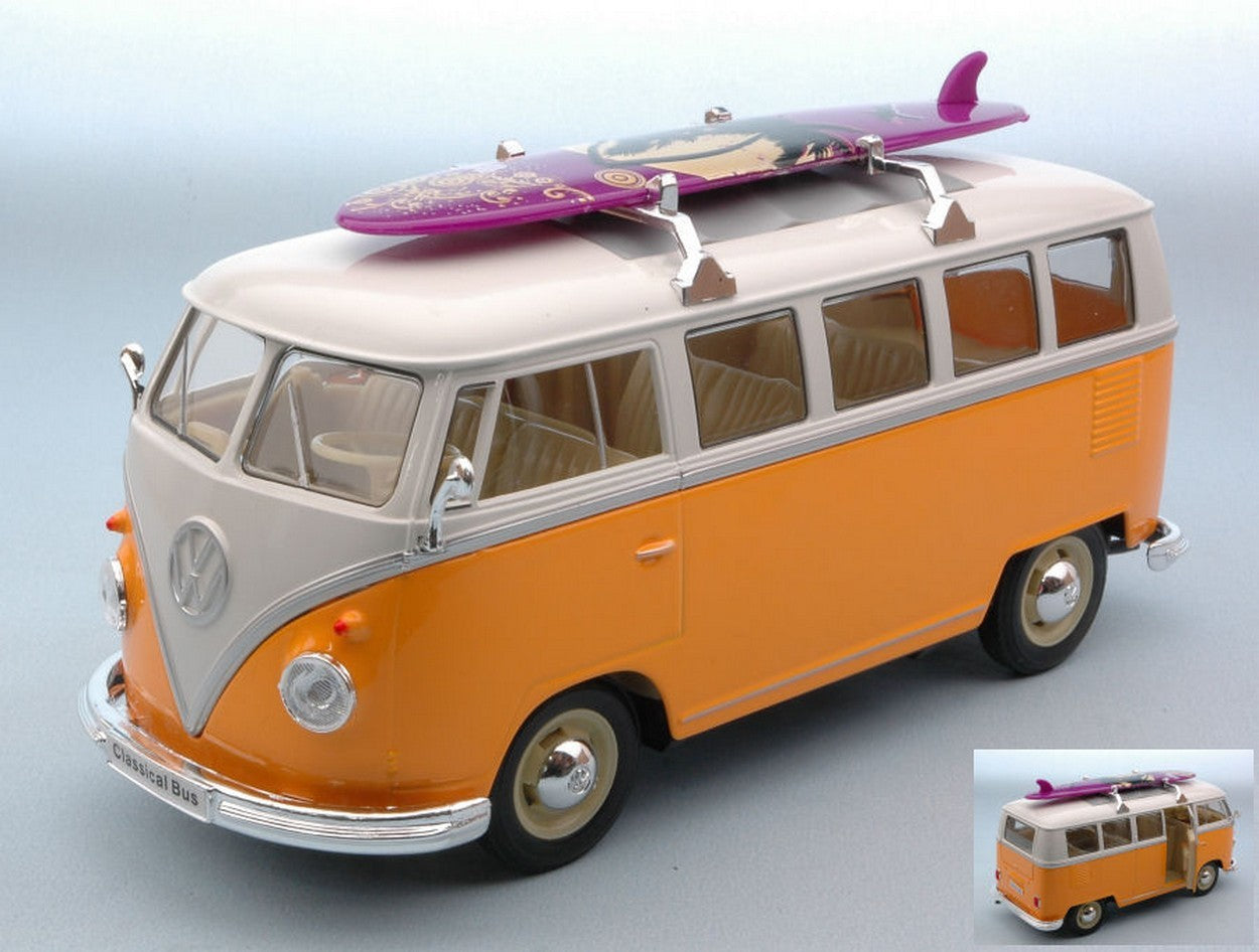MODELLINO IN SCALA COMPATIBILE CON VW T1 BUS 1963 W/WINDSURF YELLOW/CREAM 1:24 WELLY WE0952Y