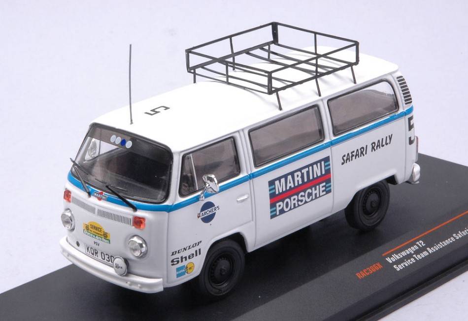 MODELLINO IN SCALA COMPATIBILE CON VW T2 BUS TEAM PORSCHE MARTINI SAFARI RALLY 1978 ASSSITANCE VAN 1:43 IXO MODEL RAC386X