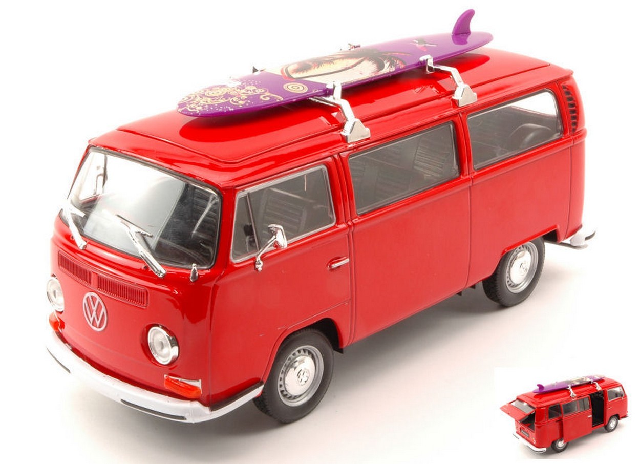 MODELLINO IN SCALA COMPATIBILE CON VW T2 BUS W/SURFBOARD 1972 RED 1:24 WELLY WE4722R