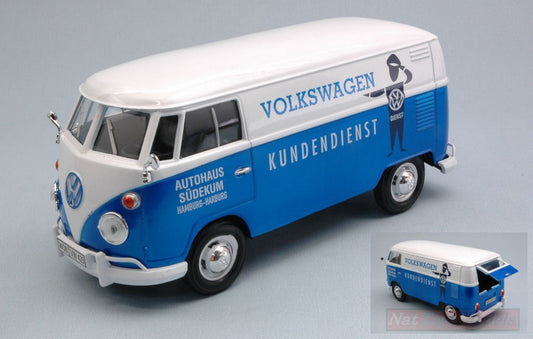 SCALE MODEL COMPATIBLE WITH VW TYPE 2 (T1) 1965 DELIVERY VAN KUNDENDIENST BLUE/WHITE 1:24 MOTORMAX MTM79573