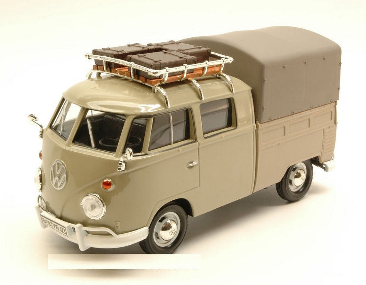 MODELE REDUIT COMPATIBLE AVEC VW TYPE 2 (T1) 1965 PICK UP FERMÉ AVEC GALERIE DE TOIT BEIGE 1:24 MOTORMAX MTM79553