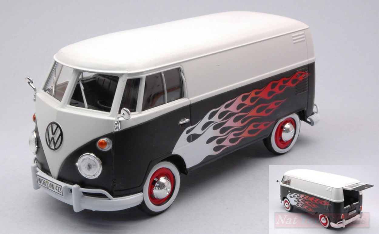 SCALE MODEL COMPATIBLE WITH VW TYPE 2 (T1) DELIVERY VAN WHITE/BLACK W/FLAMES 1:24 MOTORMAX MTM79566