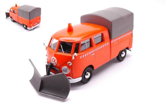 SCALE MODEL COMPATIBLE WITH VW TYPE 2 T1 PICKUP TRUCK W/SNOW PLOW 1962 ORANGE 1:24 MOTORMAX MTM79593