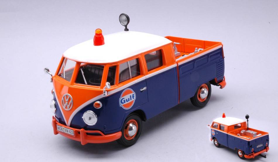 SCALE MODEL COMPATIBLE WITH VW TYPE 2 T1 SERVICE PICK UP GULF BLUE/ORANGE 1:24 MOTORMAX MTM79650