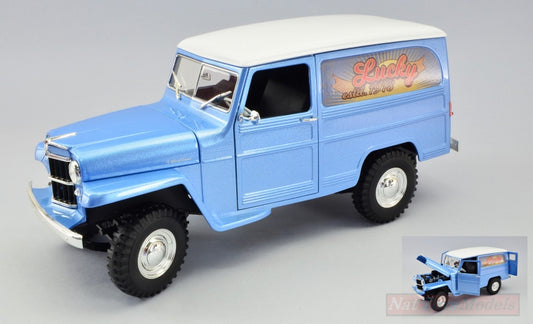 MODELLINO IN SCALA COMPATIBILE CON WILLYS JEEP VAN LUCKY EST.1978 LIGHT BLUE METALLIC W/WHITE ROOF 1:18 LUCKY DIE CAST LDC92858A